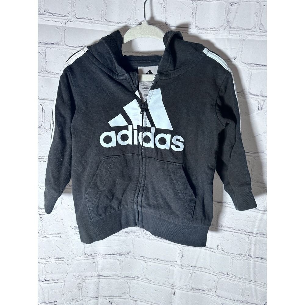 Adidas Baby Boys Black White Logo Zip Up Hoodie  12M 3-Stripes Long Slv